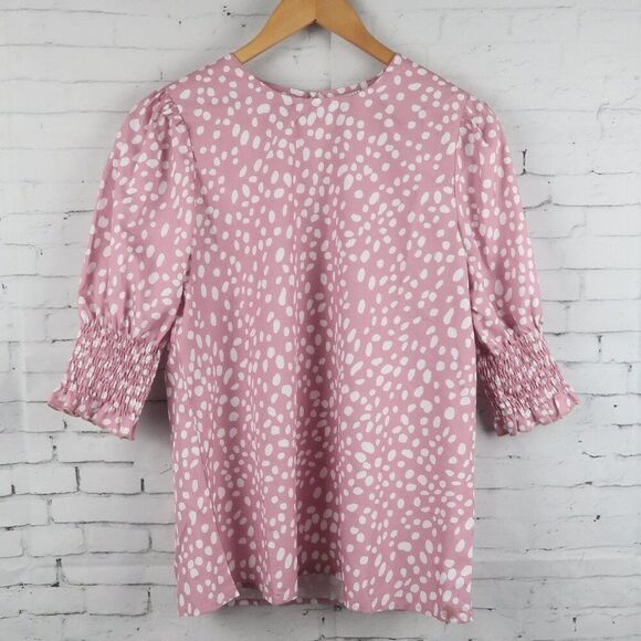 PINK WITH WHITE POLKA DOT 1/2 SLEEVE CREW NECK TOP SIZE MEDIUM - Picture 1 of 6